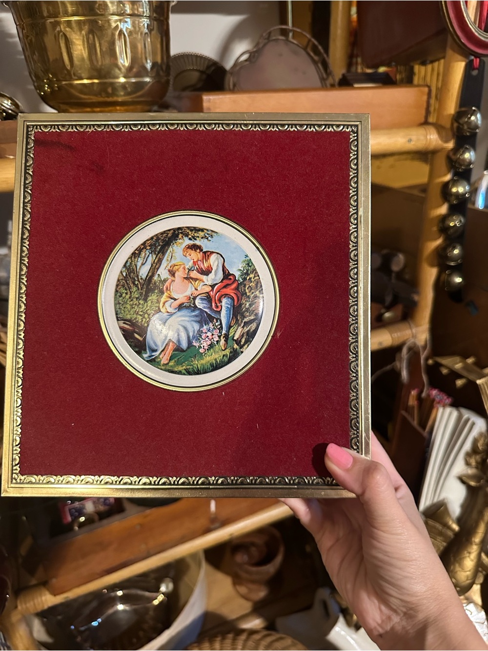 Vintage Decorative Wall Plaque with Romantic Scene - Red and Gold